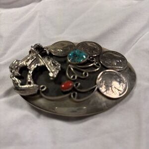 Vintage Belt Buckle With Horse & Rider,Turquoise & Red Coral Silver Tone Buckles